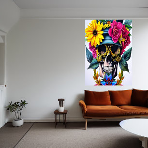 Póster Calavera sonriente, gafas doradas, gorra de flores