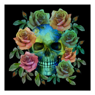 PÓSTER CALAVERA VERDE DE LA MUERTE CON FLORES