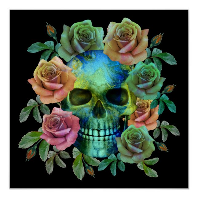 PÓSTER CALAVERA VERDE DE LA MUERTE CON FLORES (Anverso)