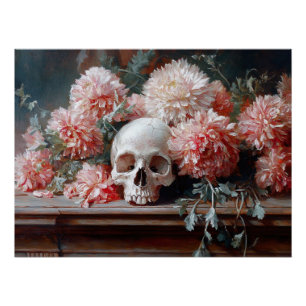 Póster Calavera vintage y flores rosas claras