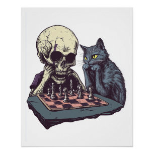 Póster Calavera vs Gato � Divertida Batalla de Ajedrez