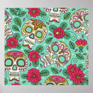 Póster Calavera y flores mexicanas, sin costura.