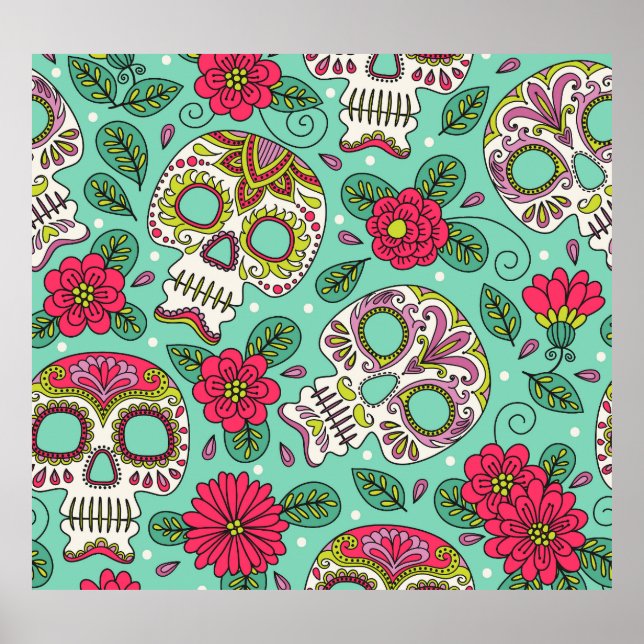 Póster Calavera y flores mexicanas, sin costura. (Frente)