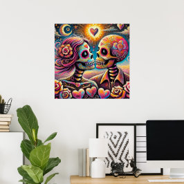 Póster Calaveras azucareras enamoradas Impresionista Chal