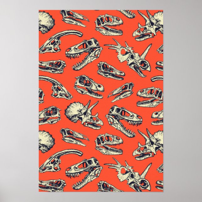 Póster Calaveras de dinosaurios de naranja y marina (Frente)