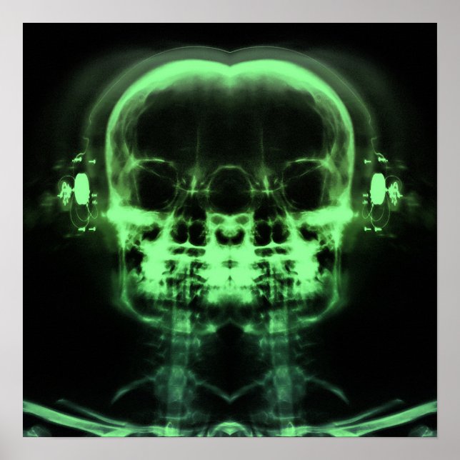 Póster Calaveras de doble rayos X con audífonos - Verde (Frente)
