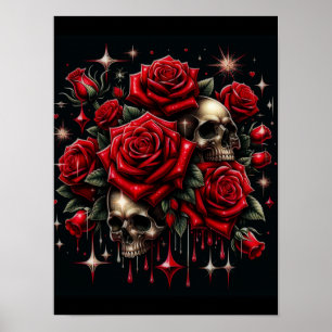 Póster Calaveras doradas y rosas rojas desgarran el glamo