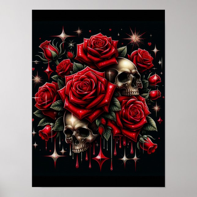 Póster Calaveras doradas y rosas rojas desgarran el glamo (Frente)
