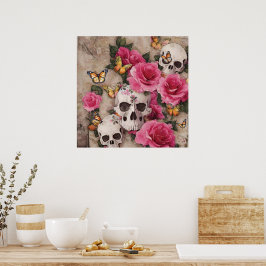 Póster Calaveras y Rosas con acentos de mariposa