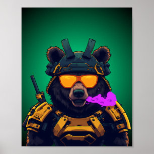 Póster Calcomanía de mascota de oso samurái mecha cyberpu