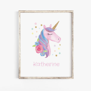 Póster Calcomanía de nombre lindo unicornio para guarderí