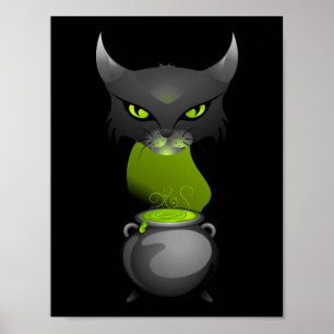 Póster Caldera del gato de Halloween con vapor verde