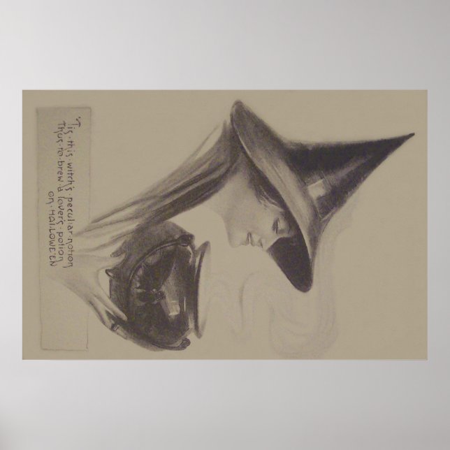 Póster Caldero de Bruja Sonriente Poción de Hechizo Sepia (Frente)