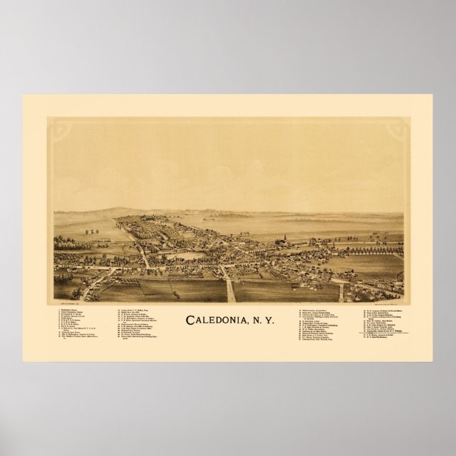 Póster Caledonia, Mapa Panorámico de Nueva York - 1892 (Frente)