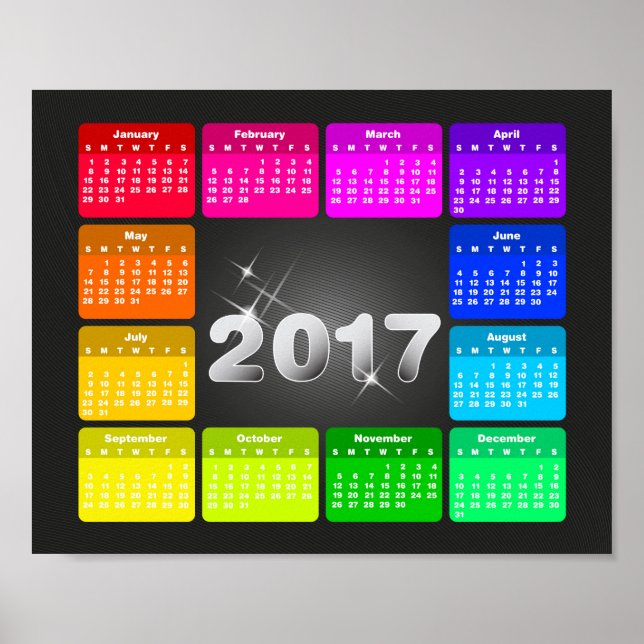 Póster Calendario 2017 en colores arcoiris brillantes (Frente)
