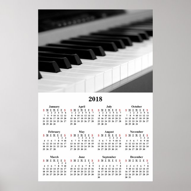 Póster Calendario 2018 Música Hermosa Cartel de Piano (Frente)