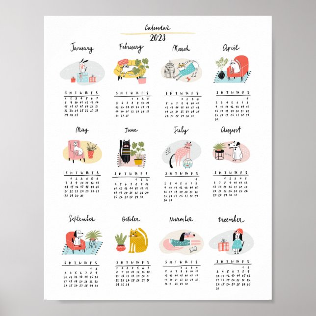 Póster Calendario 2023 Gatos y perros Personalizados (Frente)