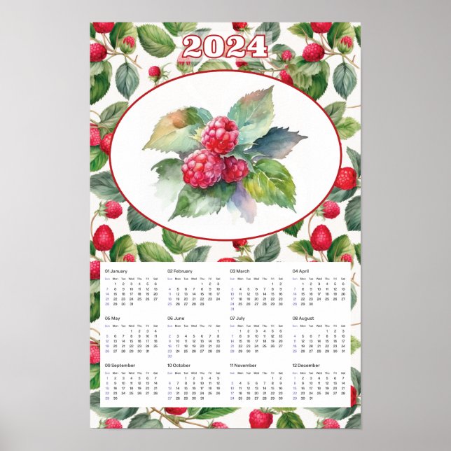 Póster Calendario 2024 Frambuesas Vintage Acuarela  (Frente)