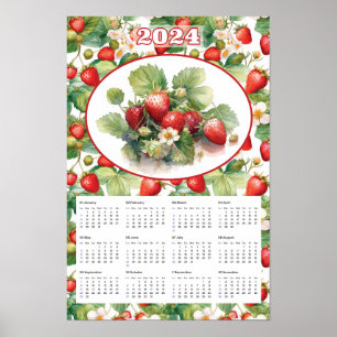 Póster Calendario 2024 Fresas Vintage Acuarela 