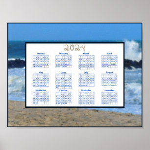 Póster Calendario 2024 olas del océano rocas de la playa 