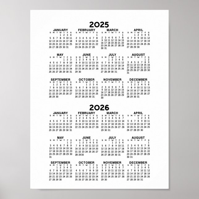 Póster Calendario 2025 2026 - Blanco y negro básico (Frente)
