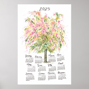 Póster Calendario 2025 Alto Arcoíris Acuarela Lluvia Árbo