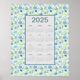 Póster Calendario 2025 Año completo Floral azul