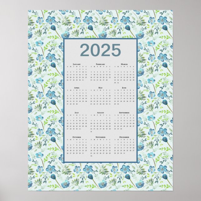 Póster Calendario 2025 Año completo Floral azul (Frente)