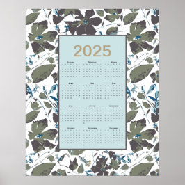 Póster Calendario 2025 Azul Verde Clematis Floral