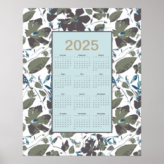 Póster Calendario 2025 Azul Verde Clematis Floral (Frente)