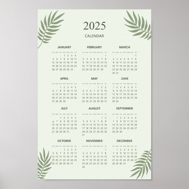 Póster Calendario 2025 Boho Estético Floral Sage Green (Frente)