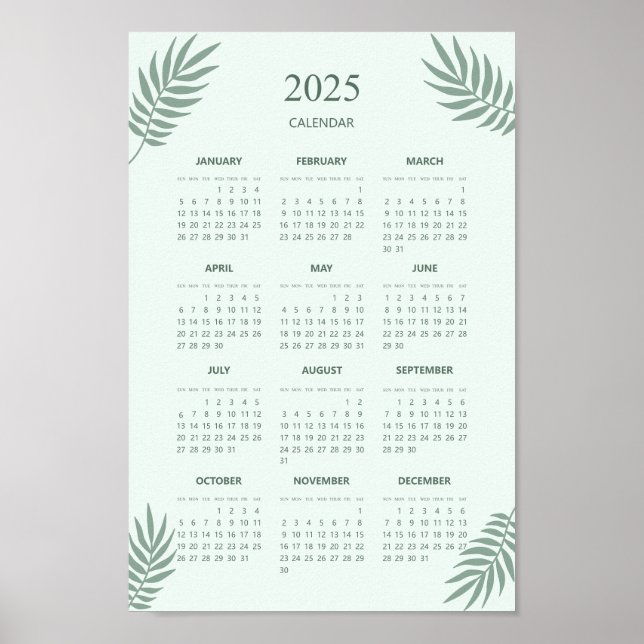 Póster Calendario 2025 Boho Floral Estética Verde Menta (Frente)
