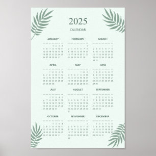 Póster Calendario 2025 Boho Floral Estético Verde Menta