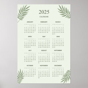 Póster Calendario 2025 Boho Floral Estético Verde Salvia