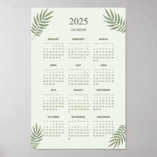 Póster Calendario 2025 Boho Floral Estético Verde Salvia