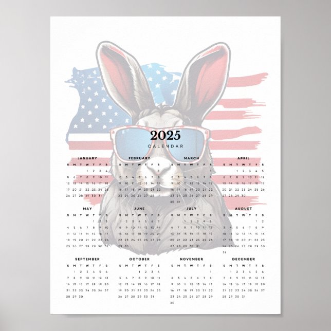 Póster Calendario 2025 de Conejo Patriótico Blanco Rojo y (Frente)