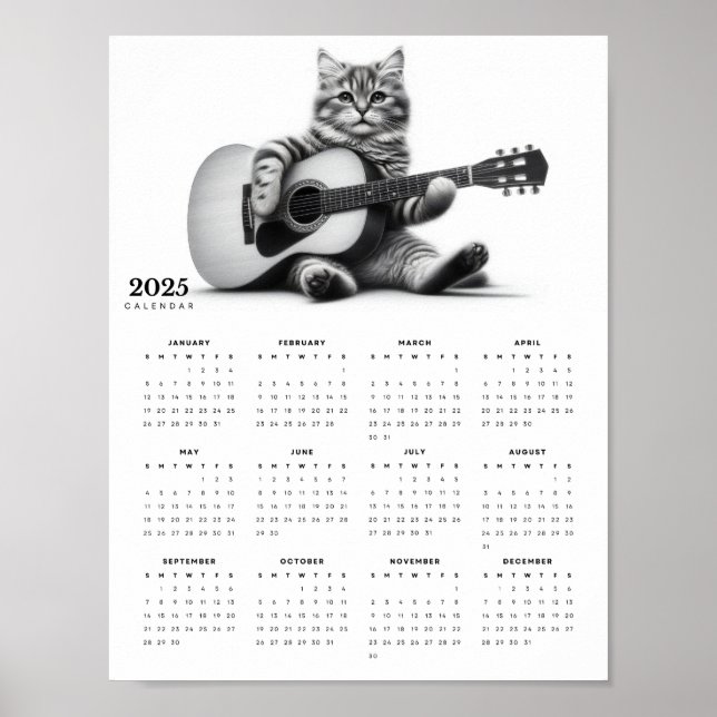 Póster Calendario 2025 de Guitarra Acústica Adorable Para (Frente)