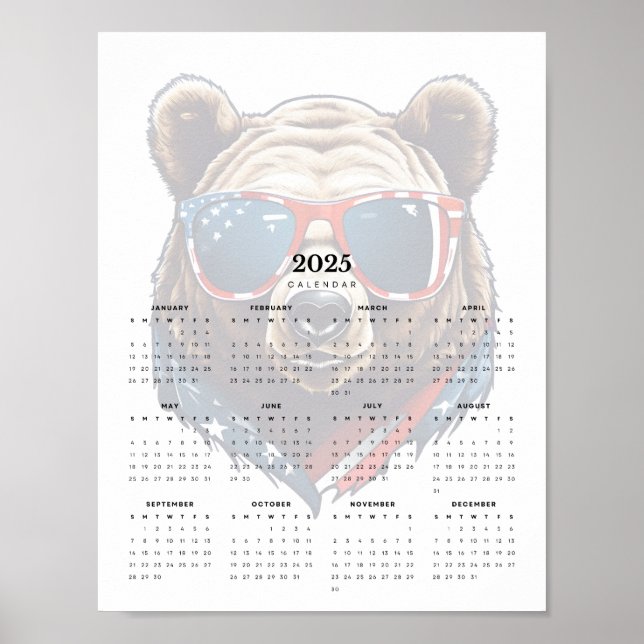 Póster Calendario 2025 del oso rojo patriótico blanco y a (Frente)