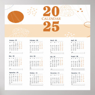 Póster Calendario 2025 hojas planas dibujadas a mano