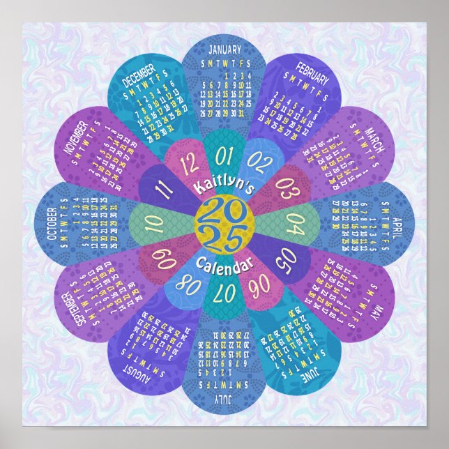 Póster Calendario 2025 Personalizado único de flores púrp (Frente)