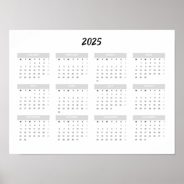 Póster Calendario 2025 por mes para pared Oficina Hogar E (Frente)