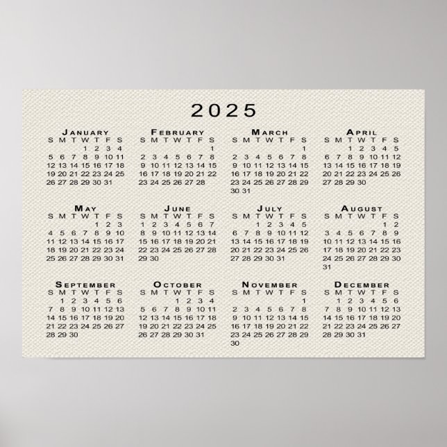 Póster Calendario 2025 sobre plantilla de textura de tela (Frente)