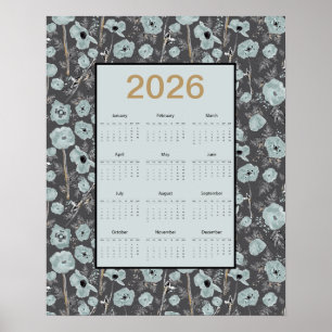 Póster Calendario 2026 Año Completo Amapolas Gris Azul