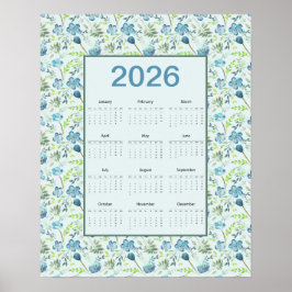 Póster Calendario 2026 Año Completo Floral Azul