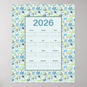 Póster Calendario 2026 Año Completo Floral Azul
