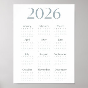 Póster Calendario 2026 Azul Gris Moderno Simple de una Pá