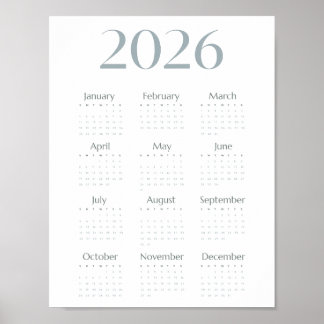 Póster Calendario 2026 Azul Gris Moderno Simple de una pá