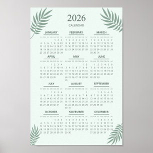Póster Calendario 2026 Boho Floral Estético Verde Menta