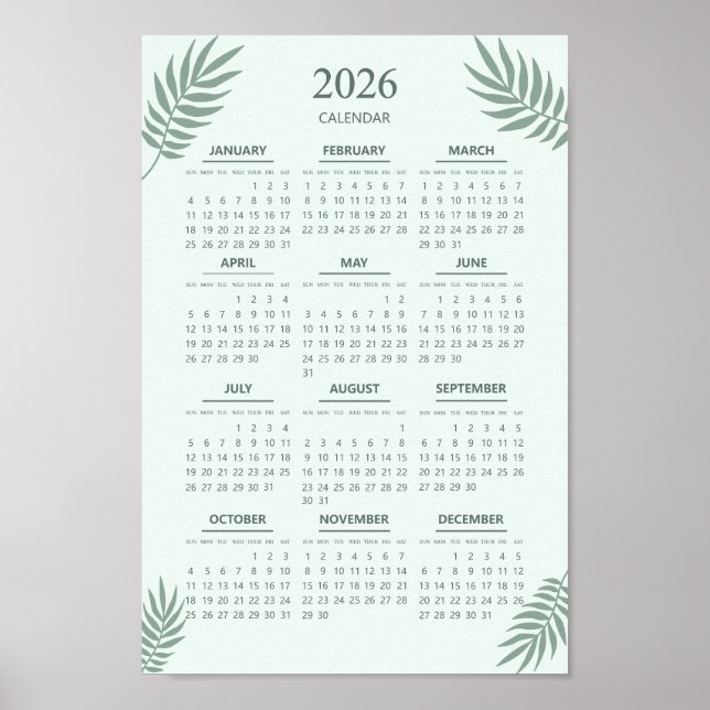 Póster Calendario 2026 Boho Floral Estético Verde Menta (Frente)