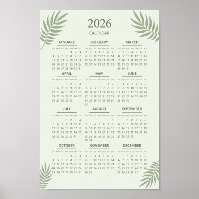 Póster Calendario 2026 Boho Floral Estético Verde Salvia (Frente)